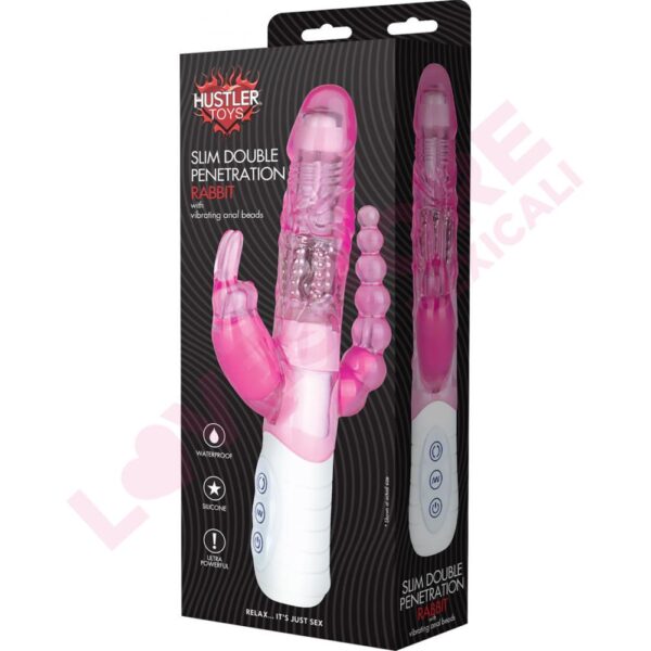 Slim Double Penetration Rabbit with Vibrating Anal Beads, 8.5", Hot Pink