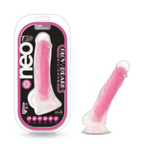 Neo Elite - Glow in the Dark - 7.5 Inch Silicone Dual Density Cock with Balls - Neon Pink